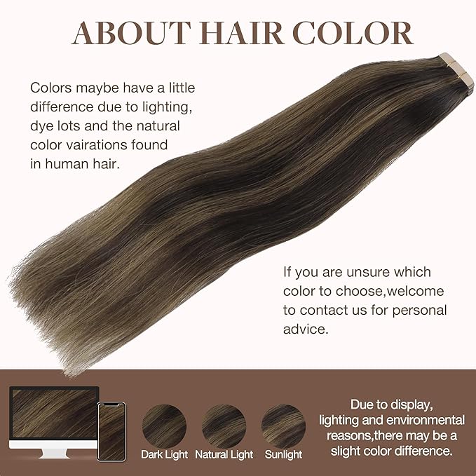GOO GOO Tape in Hair Extensions Human Hair, 2/6 Dark Brown Highlighted Chestnut Brown, 24inch 30g 10pcs, Skin Weft Seamless Invisible, Silky Straight with Thick Ends, Remy Human Hair