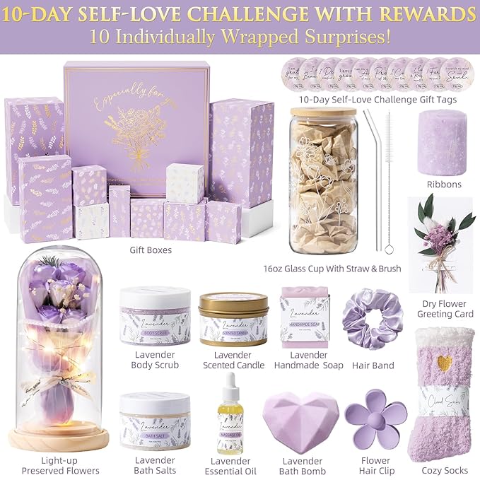 Christmas Gifts for Women & Teenage Girls, 10 Day Self Love Challenge to Unlock 10 Wrapped Spa Gift Baskets, Tween Teen Girl Trendy Stuff Bath Shower Sets Self Care Birthday Gifts Stocking Stuffers