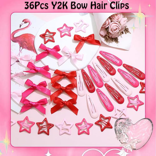 36Pcs Hot Pink Mini Bow Hair Clips Red Star Snap Hair Barrettes Water Drop No Slip Hair Clips for Women 3 Color Small Hair Bows Star Bowknot Hair Accessories for Girls