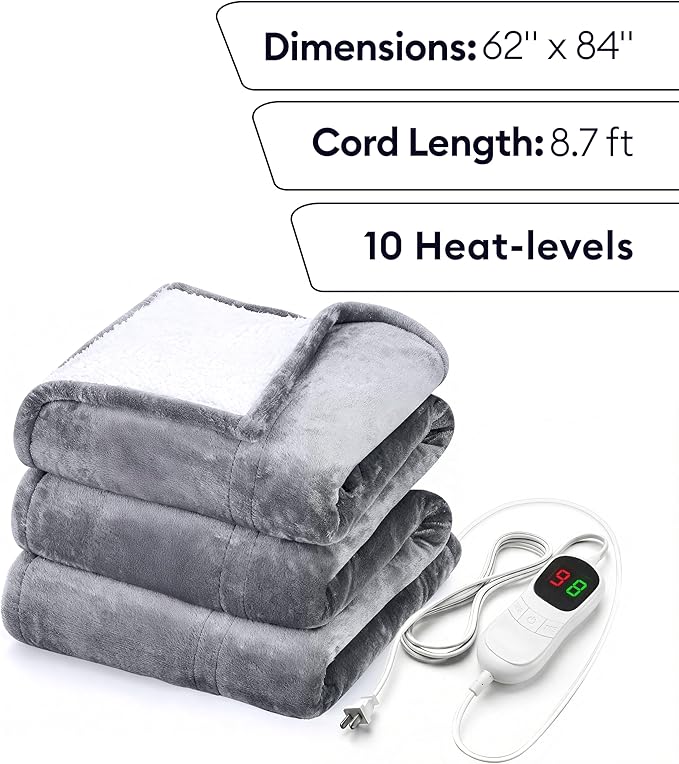 Heated Blanket Electric Throw 50"x60" – Safe Electric Heating Blanket with Auto Shut-Off & Overheat Protection, 10 Heat Settings, Washable Heated Throw for Couch, Bed, Office & Dorm