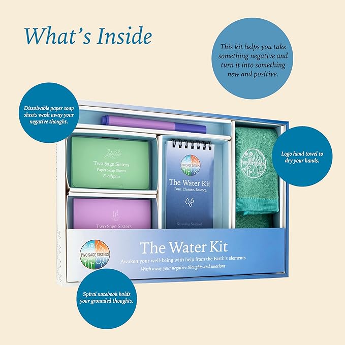 The Water Kit by Two Sage Sisters - Self Care Kit with Soap Sheets, Notebook, Marker, and Washcloth, Bath Shower Sets for Meditation and Relaxation, Mini Spa Kit Self Care Box for Women and Men