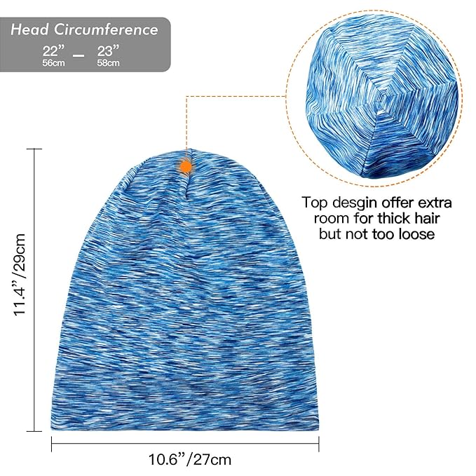 Silk Satin Lined Bonnet Sleep Cap - Adjustable Stay on All Night Hair Wrap Cover Slouchy Beanie for Curly Hair Protection for Women and Men - Heather SkyBlue
