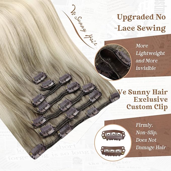Ve Sunny Clip in Hair Extensions Real Human Hair Double Weft Remy Hair Clip in Extensions Human Hair for Women Full Head Ash Grey Balayage Platinum Blonde 18 inch