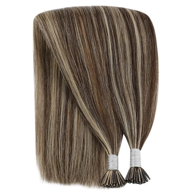 YoungSee Itip Human Hair Extensions Brown I Tip Hair Extensions Human Hair Highlight Dark Brown with Caramel Blonde Tip Hair Extension Human Hair Short 14In 80s 50g