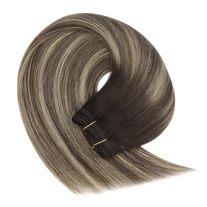 YoungSee Sew in Hair Extensions Balayage Hair Weft Extensions Chocolate Brown with Ash Blonde Balayage Human Hair Extensions Sew in Thick Remy Hair 14Inch 100G