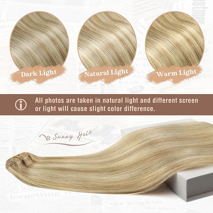 Ve Sunny Real Hair Extensions Clip in Human Hair Double Weft Remy Hair Extensions Clip in Extensions Human Hair for Women Full Head Dark Blonde Highlights Golden Blonde 7pcs 20 inch 120g