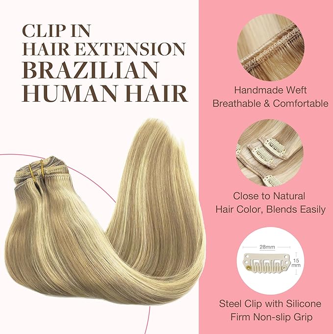 GOO GOO Clip in Hair Extensions Real Human Hair, Remy Human Hair Extensions Clip ins for Women, Natural Human Hair, 22inch 170g 7Pcs, #16/22 Light Blonde Highlighted Golden Blonde