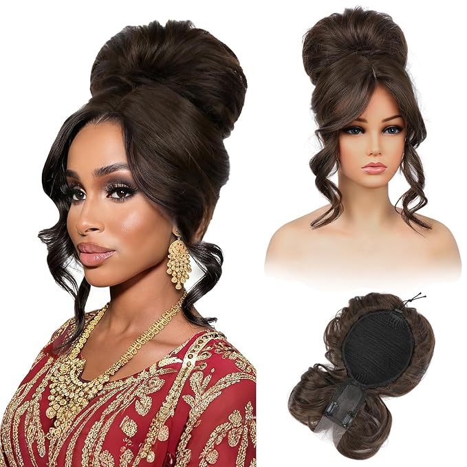 REECHO Messy Bun Hair Piece with Bangs – 2-in-1 Drawstring Ponytail Extension Updo Wig & Hair Topper with Long Side Bangs, Natural-Looking Hair Bun Hairpieces for Women - Chocolate Brown