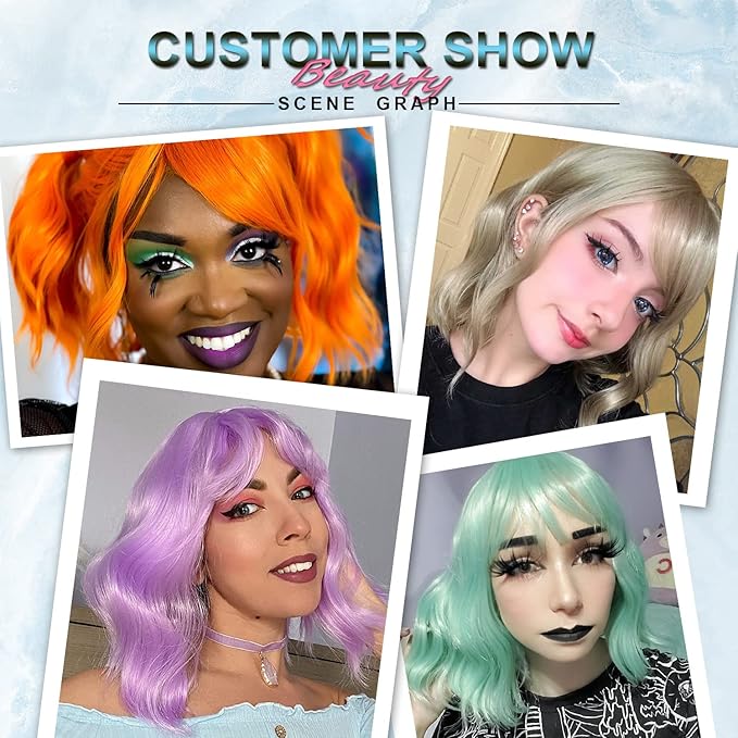 Short Bob Wigs with Bangs for Women Loose Wavy Wig Curly Wavy Shoulder Length Bob Synthetic Cosplay Wig for Girl Colorful Costume Wigs (Mint Green)