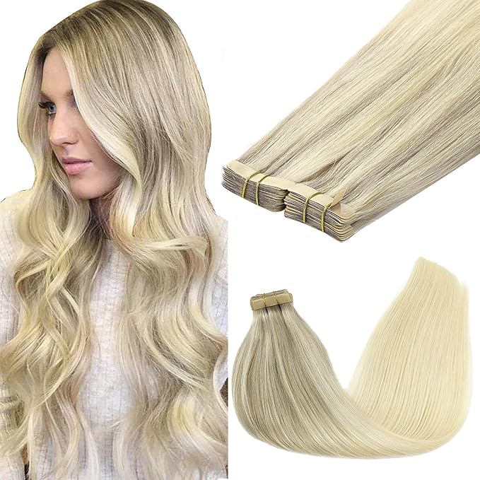 GOO GOO Tape in Hair Extensions Human Hair, 17/22/60 Ash Blonde to Golden Blonde and Platinum Blonde, 16inch 100g 40pcs, Skin Weft Seamless Invisible, Silky Straight with Thick Ends, Remy Human Hair