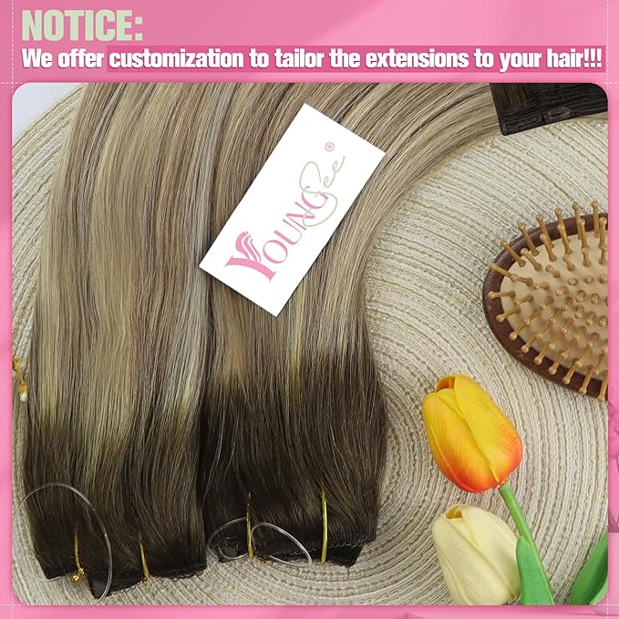 YoungSee 130G Invisible Wire Hair Extensions for Women Brown Blonde Human Hair Wire Extensions Balayage One Piece Hair Extensions Real Human Hair Walnut Brown with Blonde Soft Hair 20 Inch