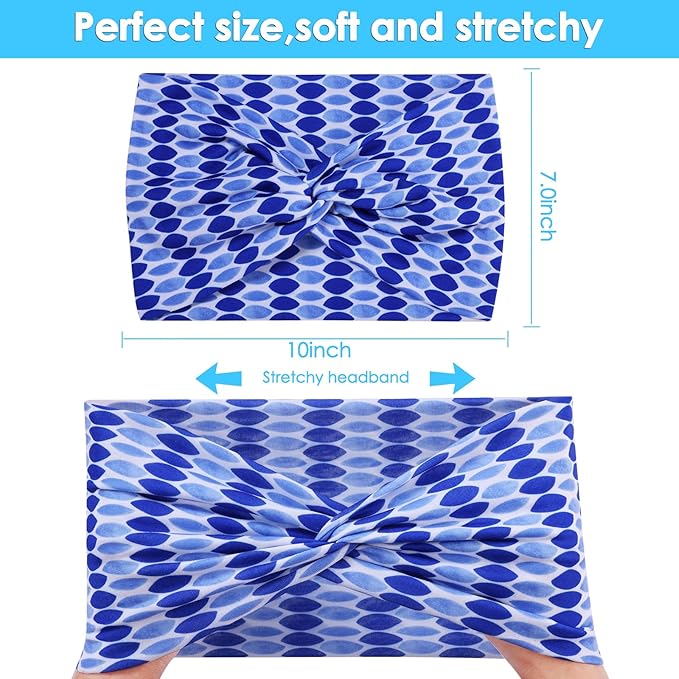 Extra Wide Headbands for Women, 7'' Large Cotton Like Turban Knotted Bandana Head Bands for Women Non Slip, Boho Headbands for Women's Hair (6PCS Print 1, average size)