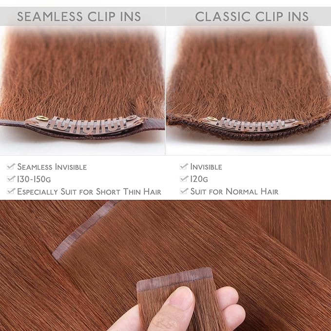 WENNALIFE Seamless Clip In Hair Extensions Human Hair, 22 Inch 150g 7pcs Dark Auburn Copper Real Hair Extensions Clip in Human Hair Invisible PU Skin Weft Natural Remy Human Hair Extensions