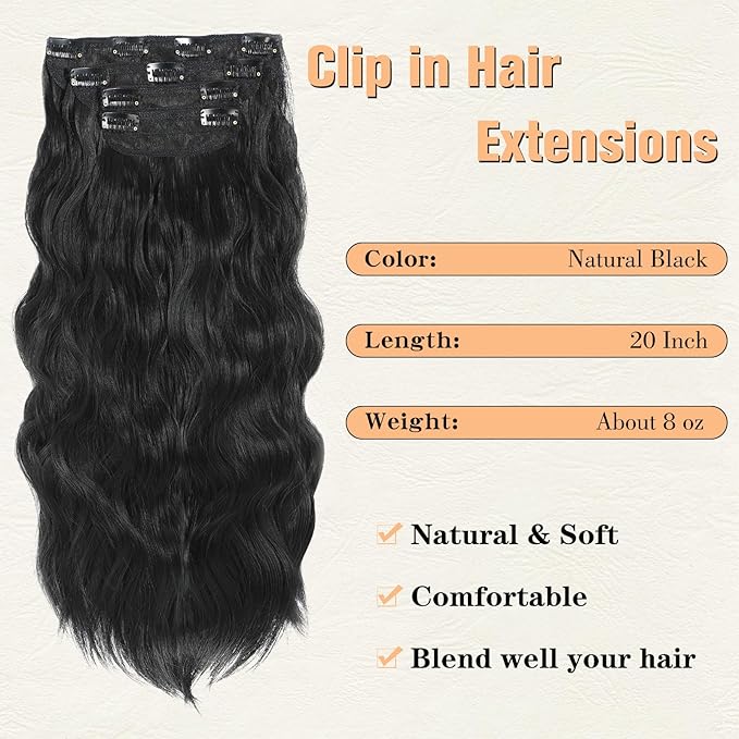 Clip in Hair Extensions, 20 Inch Black Wavy Hair Extensions Clip Ins for Women (4PCS Curly)