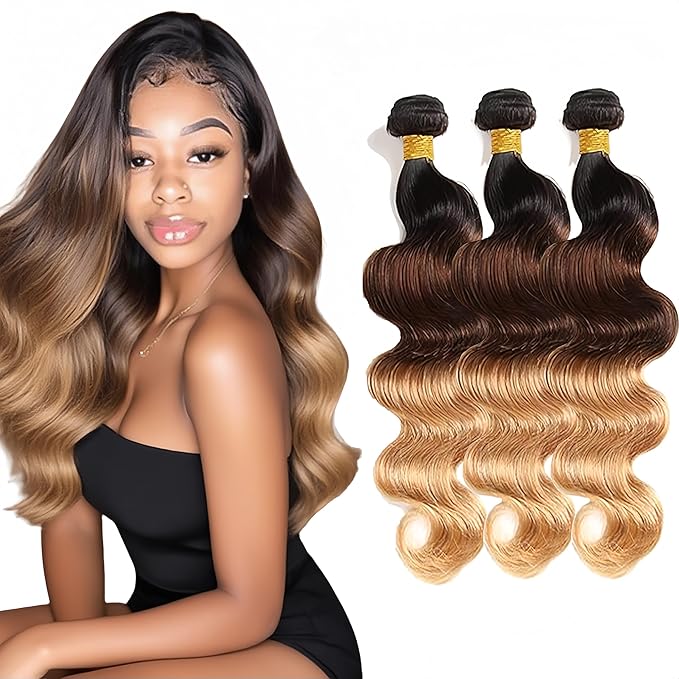 26 28 30 Inch Ombre Body Wave Bundles 4/27 Human Hair Bundle Niegmeag Brazilian Virgin Remy Hair Extensions 3 Tone Brown and Honey Blonde Body Wave Bundles 300g