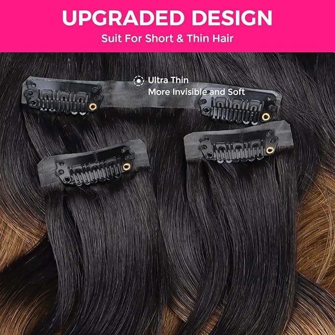 Lashey Seamless Hair Extensions Real Human Hair 110g 7pcs Body Wave Clip in, with PU Soft Invisi Edge 16 Inch Ombre Natural Black to Medium Auburn Clip in Hair Extensions Human Hair