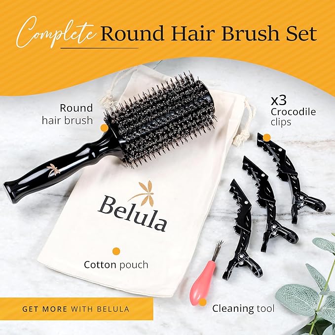 Boar Bristle Round Brush for Blow Out Set by Belula. Round Hair Brush For Blow Drying. Medium 2.4” Wooden Barrel. Hairbrush Ideal to Add Volume and Body. Free 3 x Hair Clips & Travel Bag
