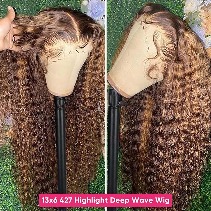 32 Inch Deep Wave Highlight Wig Human Hair 200% Density Honey Blonde 13x6 HD Transparent Lace Front Wigs Human Hair 4/27 Colored Ombre Curly Lace Frontal Wigs For Women