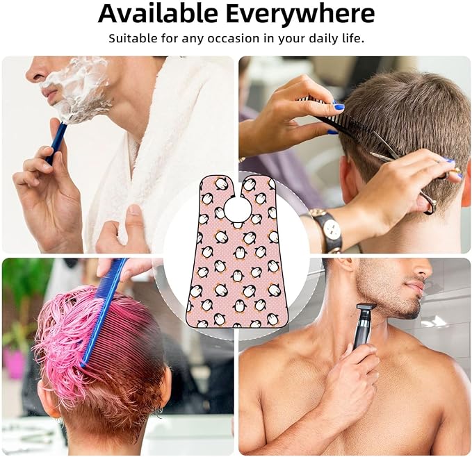 Adjustable Beard Bib, Non-Stick Hair Catcher Cape for Men's Shaving, Waterproof with 2 Suction Cups, Pink Polka Dots Cute Animals Cartoon Penguin Shave Bib