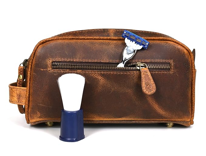 10" Premium Leather Toiletry Travel Pouch With Waterproof Lining Black Color | King-Size Handcrafted Vintage Shaving Kit By Aaron Leather Goods