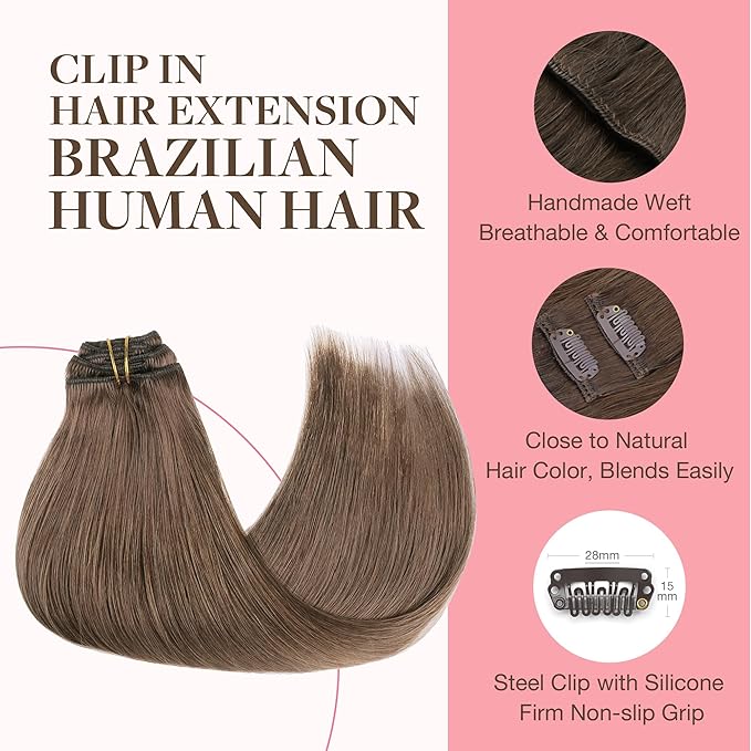 GOO GOO Clip in Hair Extensions Real Human Hair, Remy Human Hair Extensions Clip ins for Women, Natural Human Hair, 26inch 180g 7Pcs, #5 Light Ash Brown