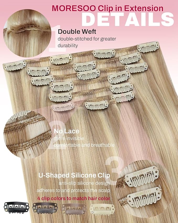 Moresoo Clip in Hair Extensions Remy Double Weft Human Hair Clip in Extensions Straight Hair Extensions for Women Dark Ash Blonde Highlight with Golden Blonde 7pcs 120g 20inch