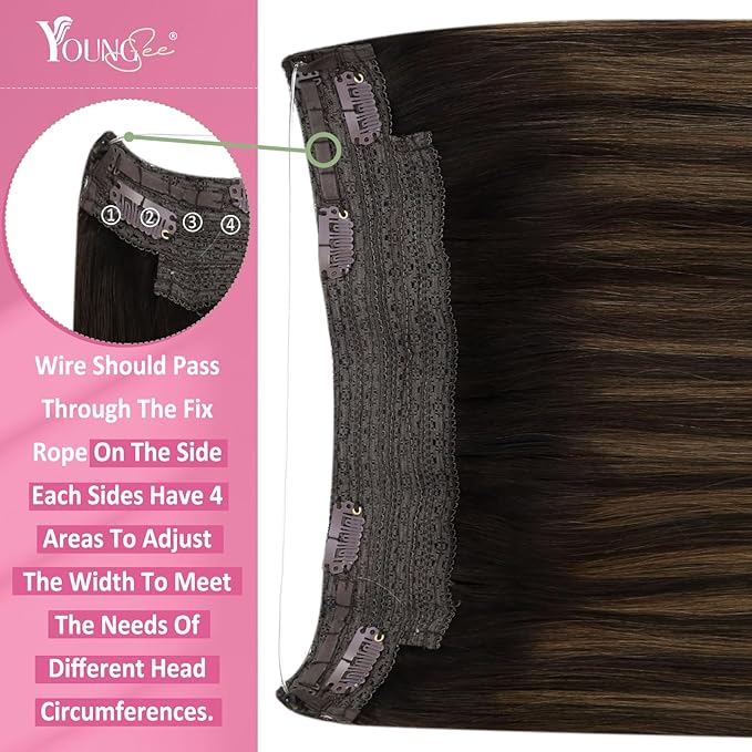 YoungSee 100G Wire Human Hair Extensions Balayage Brown Wire Hair Extensions Real Human Hair Dark Brown with Medium Brown Invisible Headband Hair Extensions Natural Hair 20Inch