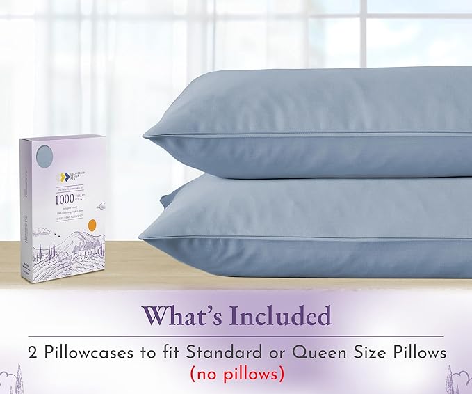 California Design Den Pillow Cases Standard Size Set of 2-1000 Thread Count Sateen, Soft and Thick 100% Cotton Standard/Queen Pillowcases, Durable - Blue
