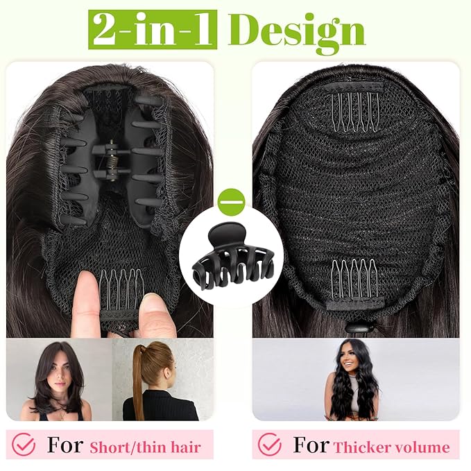 KooKaStyle Ponytail Extension, 10" Short Claw Clip in Pony Tails Hair Extensions Curly Wavy Synthetic Drawstring Ponytail Hairpieces for Women Girls Dark Brown