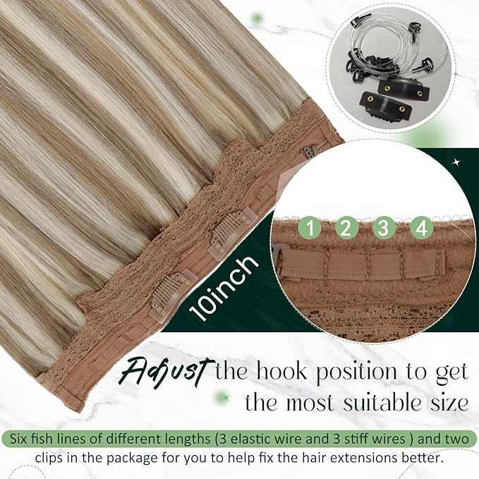 RUNATURE Invisible Wire Hair Extensions Real Human Hair, One Piece Fish Line Hair Extensions, Full Head Remy Hair for Women, Natural Looking, Brown Highlight Blonde 16 Inch 80g #8P24