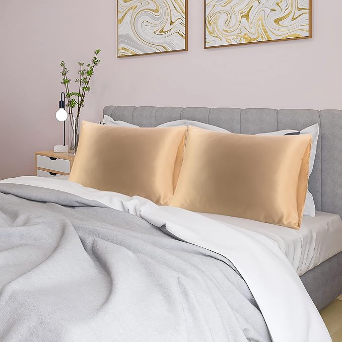 uxcell 2 Pack Silk Satin Pillowcase for Hair and Skin, Cool, Silky, Soft Breathable Pillow Cases Standard Size 20x26 Inch Sateen Pillowcase Caramel with Envelope Closure