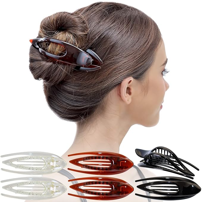 RC ROCHE 6 Pcs Flat Hair Clips Big Claw for Thick Hair French Duckbill Women No Slip Side Slide Curved Alligator Concord Strong Grip Hold Volume Lay Down Clamp, Large Clear Brown & Black