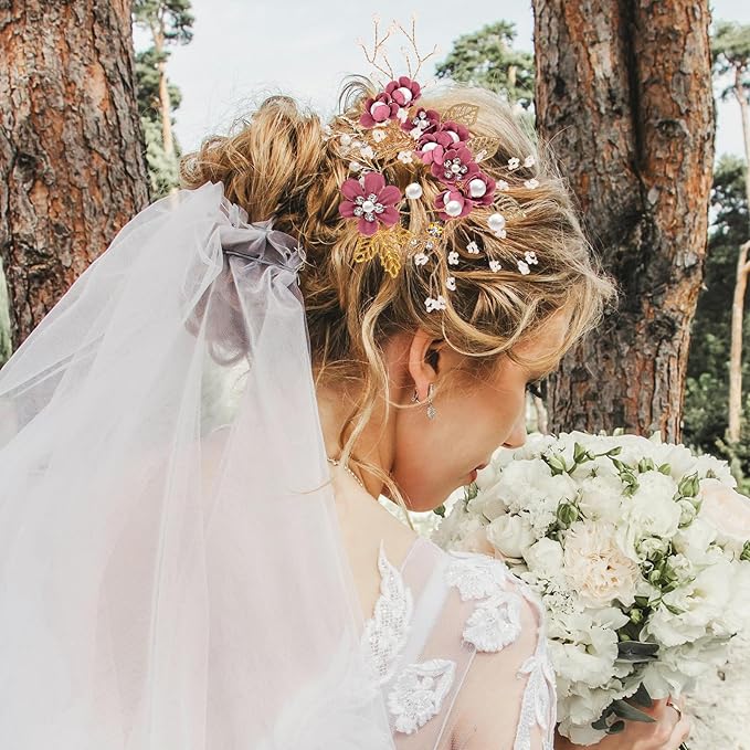 Wedding Flower Hair Accessories for Women: 4pcs Leaf and Flower Hair Combs for Women Accessories - Crystal Pearl Wedding Flower Clips Headpiece for Brides Bridesmaids Girls Updo (Rosy)