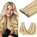 GOO GOO Tape in Hair Extensions Human Hair, 18D/22F Dirty Blonde Highlights, 16inch 100g 40pcs, Skin Weft Seamless Invisible, Silky Straight with Thick Ends, Remy Human Hair
