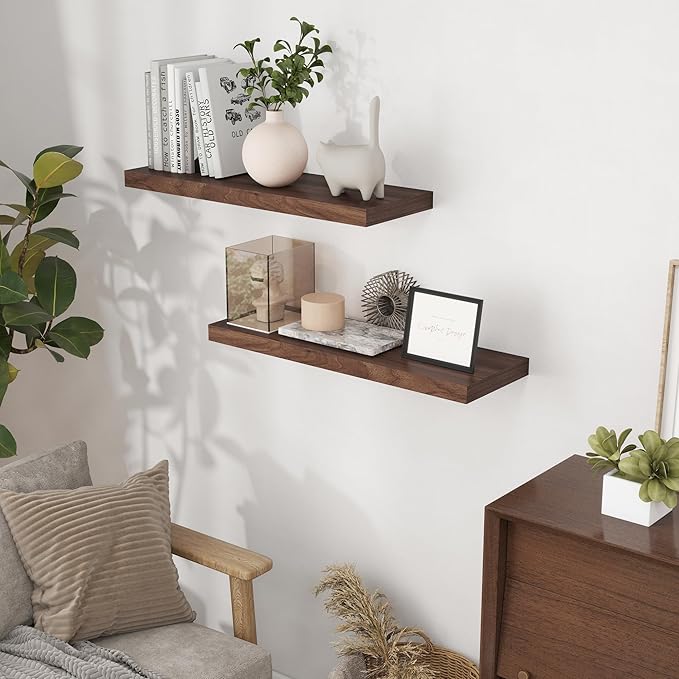 Rustic Wood Floating Shelves 32 Inch Long, 9 Inch Deep Wall Shelves for Home Decor, 32 x 9 Floating Shelf Wall Mounted Set of 2, Deep Floating Shelves for Kitchen, Bedroom, Living Room, Walnut Color