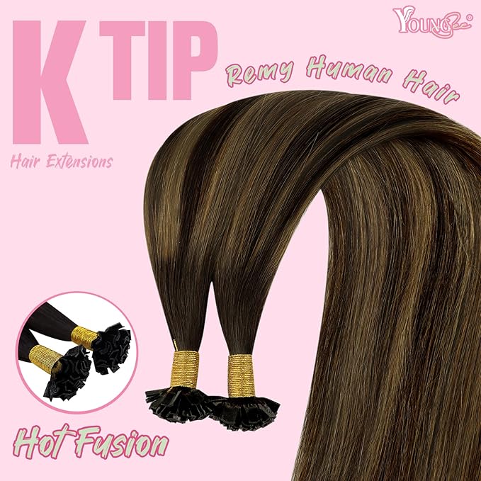 YoungSee K Tip Hair Extensions Human Hair Brown Balayage Hair Extensions K Tip Dark Brown Ombre 16In 50s/50G