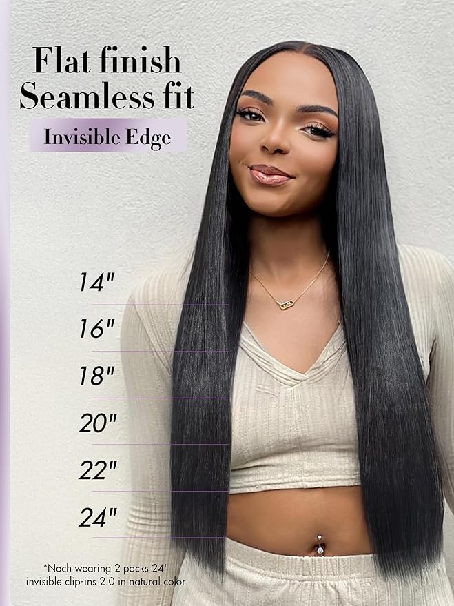 LUVME Invisible Clip in Hair Extensions Silky Straight Real Human Hair, Remy Hair Clip ins for Women, Natural Human Hair, 24 inch 110g 6Pcs, Natural Black