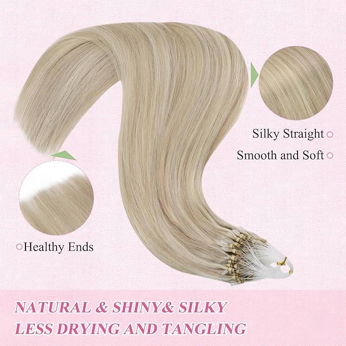 YoungSee Micro Bead Hair Extensions Real Human Hair Blonde Microlink Hair Extensions Human Hair Blonde Highlighted Ash Blond Bead Hair Extension 20Inch Pre Bonded Hair Extension for Wedding 50g 50s
