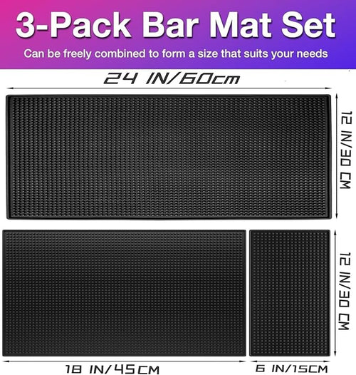 3Pack Rubber Bar Mat Thick Rubber Bar Service Spill Bar Mats for Home Bar or Restaurant Nonslip Flexible Barber Mats for Clippers (24" x 12" x 0.3"+18" x 12" x 0.3"+12" x 6" x 0.3")