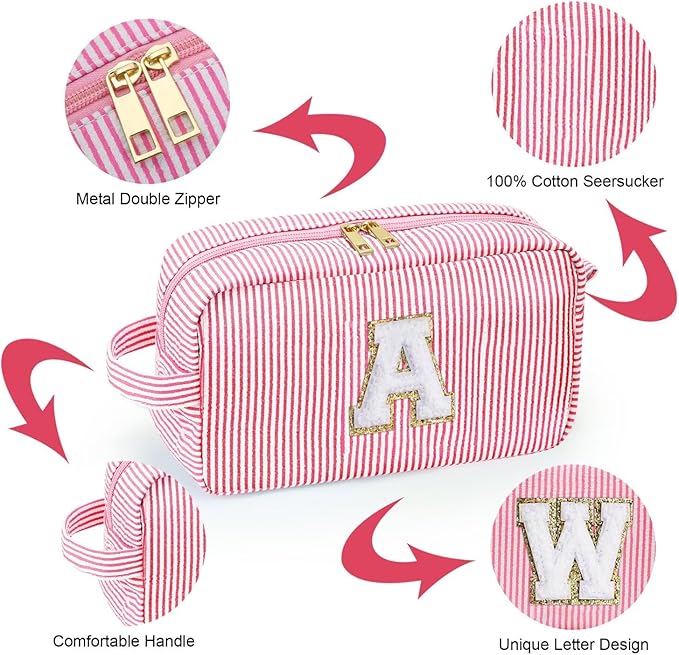 YOOLIFE Makeup Bag for Women - Monogram Cute Initial Pink Makeup Bags Cosmetic Toiletry Pouch Make Up Case for Her Best Friend Friendship Sister Teacher, Personalized Birthday Gifts for Women C