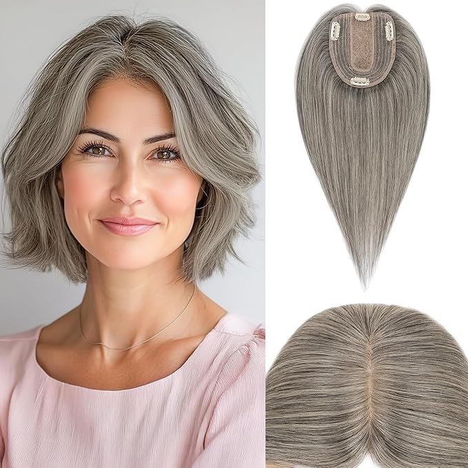 Rich Choices Hair Toppers for Women Real Human Hair 100% Human Remy Toppers NO Bangs for Women with Thinning on Top Clip in Hairpiece 4"x4.7"Lace Base 12 Inch Salt and Pepper G2 Sliver
