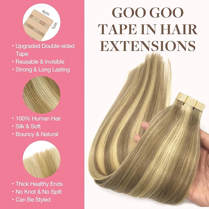 GOO GOO Tape in Hair Extensions Human Hair, 16/22 Light Blonde Highlighted Golden Blonde, 24inch 50g 20pcs, Skin Weft Seamless Invisible, Silky Straight with Thick Ends, Remy Human Hair