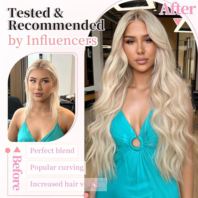 KooKaStyle Clip in Long Wavy Synthetic Hair Extension 24 Inch Pearl Blonde 4PCS Thick Hairpieces Fiber Double Weft Hair for Women