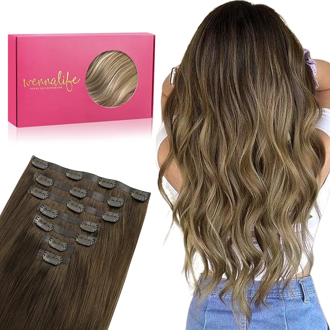 WENNALIFE Seamless Clip In Hair Extensions, 14 Inch 7pcs 130g Ombre Walnut Brown to Ash Brown and Bleach Blonde Real Human Hair Extensions