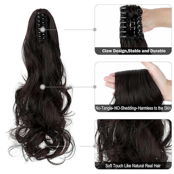 Claw Clip Ponytail Extension 18" Clip in Wavy Ponytail Hair Extensions Long Pony Tails for Women Extensions Dark Brown Wave Hairpiece