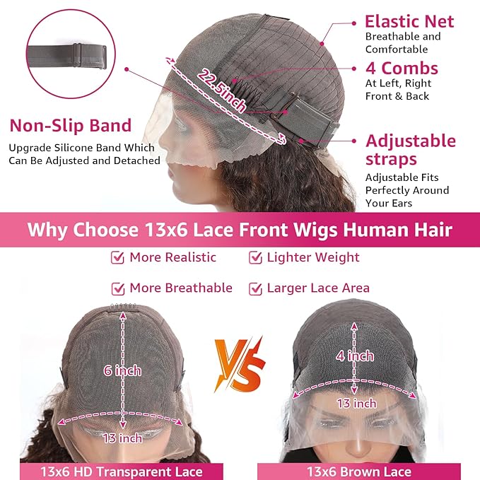 Deep Wave Lace Front Wigs Human Hair Chocolate Brown 13x6 HD Lace Front Wigs Pre Plucked Deep Curly Wigs Wet and Wavy Human Hair Frontal Wigs with Baby Hair 200% Density (32 Inch)