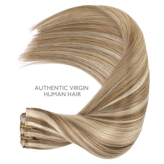 WENNALIFE Seamless Clip In Hair Extensions Human Hair, 24 Inch 160g 7pcs Ash Brown with Platinum Blonde Highlights Invisible Natural PU Weft Straight Extensiones De Cabello Hmano