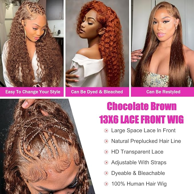 Anderah Chocolate Brown Deep Wave Lace Front Wigs Human Hair 200 Density 13x6 HD Lace Frontal Wigs Curly Human Hair Wig For Women Pre Plucked with Natural Hairline 4# Brown Color (32inch)