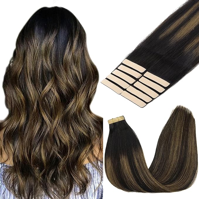GOO GOO Tape in Hair Extensions Human Hair, 1B/6/1B Balayage Natural Black to Chestnut Brown, 24inch 30g 10pcs, Skin Weft Seamless Invisible, Silky Straight with Thick Ends, Remy Human Hair