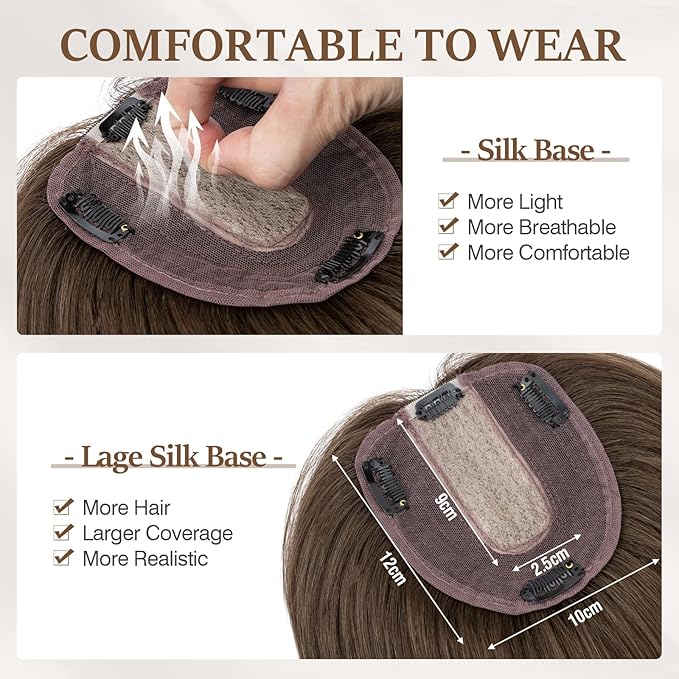 Rich Choices Hair Toppers for Women Real Human Hair 100% Human Remy Toppers NO Bangs for Women with Thinning on Top Clip in Hairpiece 4"x4.7"Lace Base 14 Inch #2R Chocolate Brown